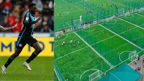 Wilfred Ndidi unveils new Ajegunle Maracana Stadium facilities with Karim Adeyemi.