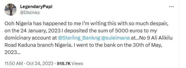 'I'm writing this with so much despair' - Man exposes a popular Nigerian bank for reportedly giving him fake euro notes