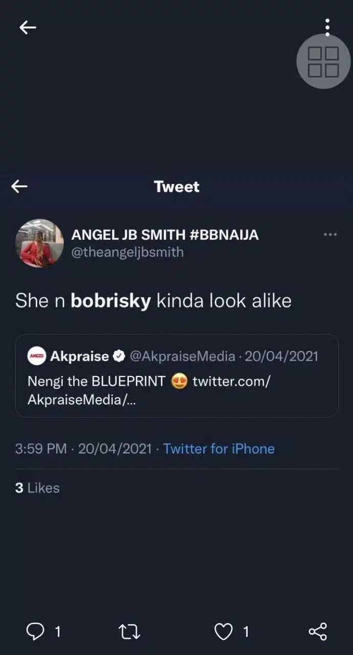 Netizens dig up old tweet of Angel smith comparing Nengi to Bobrisky