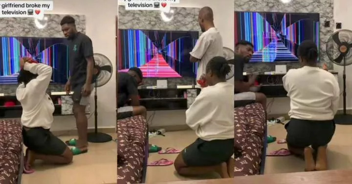 Lady shares boyfriend's unexpected reaction as she pranks him by pretending to have broken his plasma TV