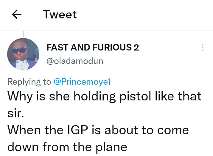 Reactions as Nigerian Police FPRO replies man who questioned why an air hostess was holding a gun.