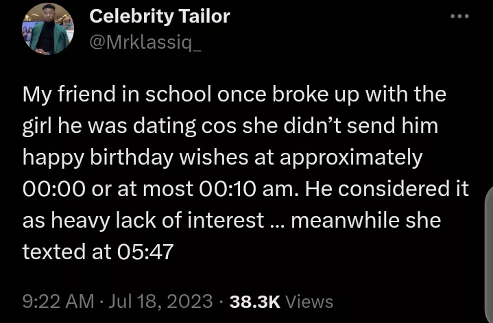 Man breaks up with girlfriend because she didn't send him a message approximately at 00:00 on his birthday