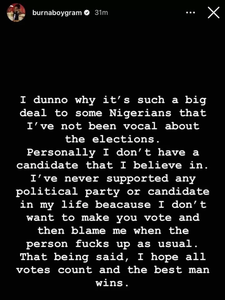 Why I have been silent about 2023 elections - Burna Boy