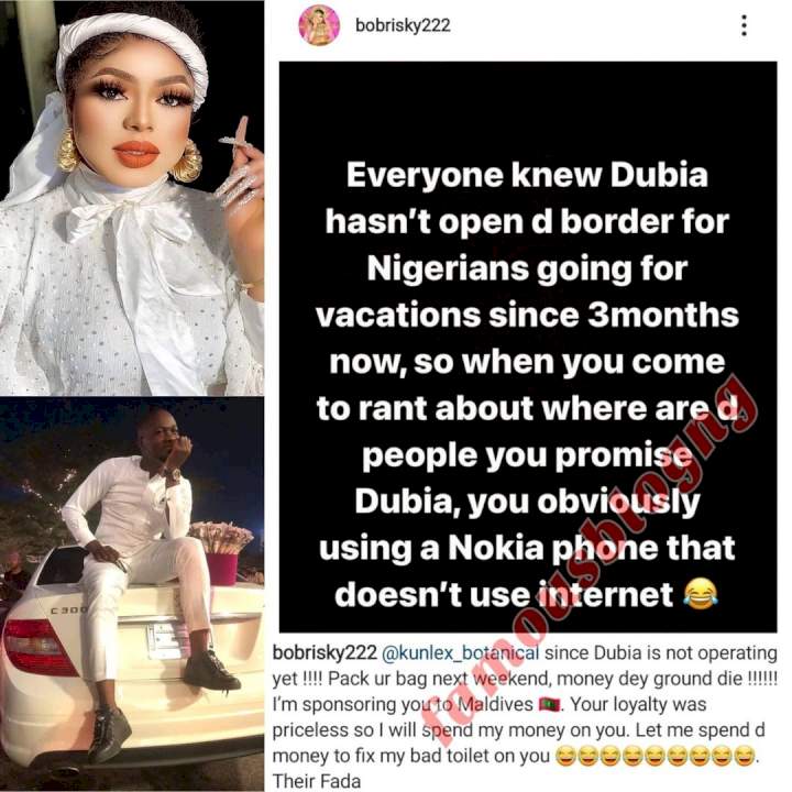 Bobrisky vows to send fan on an all-expense-paid trip to Maldives after gifting him new Benz