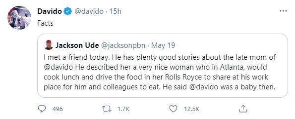 Davido reacts as journalist narrate findings about his late mother