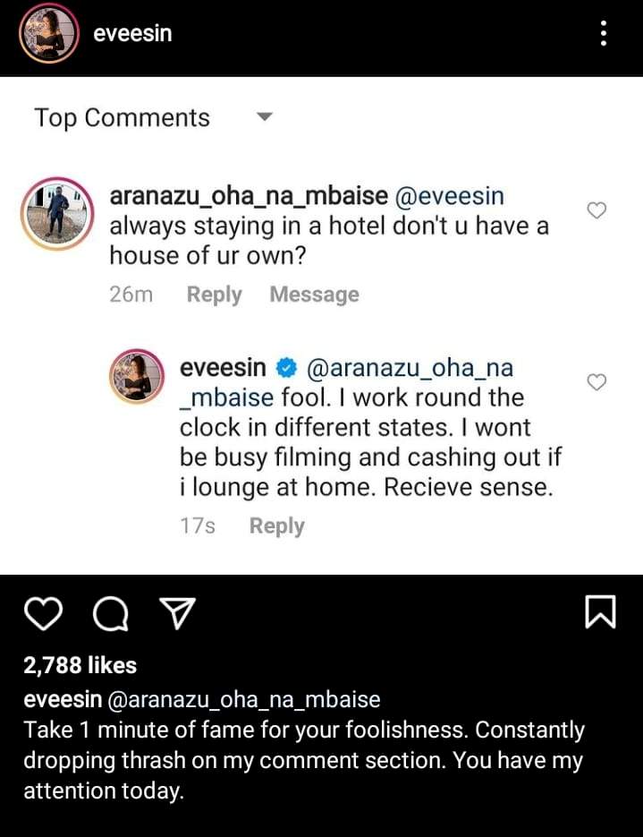 Actress, Eve Esin schools a troll who accused her of always staying in hotels