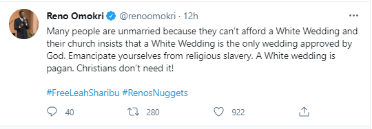 'Many people are unmarried because they can't afford white wedding' - Reno Omokri