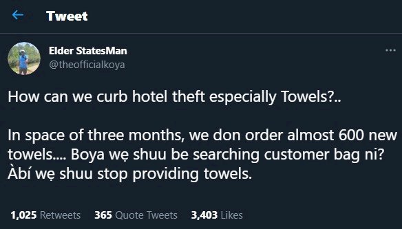 Hotel manager laments over the rate at which customers steal hotel towels