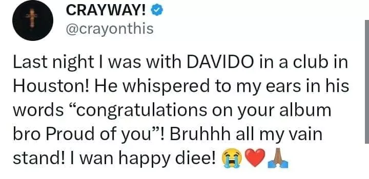 'He whispered it to my ears, all my veins stand' - Crayon exposes Davido's words at Texas club