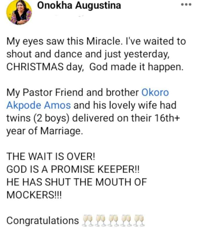 Nigerian pastor and his wife welcome twins after 16 years of marriage