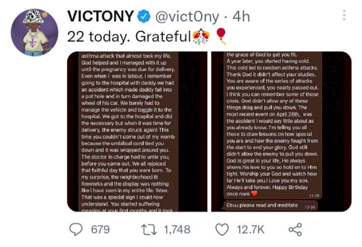 Singer, Victony shares emotional message he received from his mother on his birthday