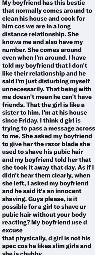 Heartbroken lady cries out after boyfriend's female bestie helped shave his B pubic hair