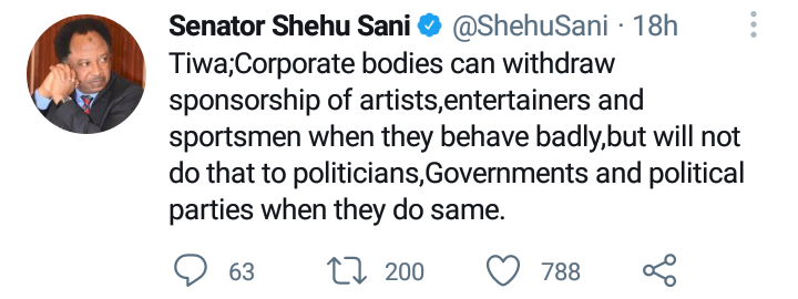 Tape Scandal: Senator Shehu Sani reacts to reports of Tiwa Savage losing multiple endorsements