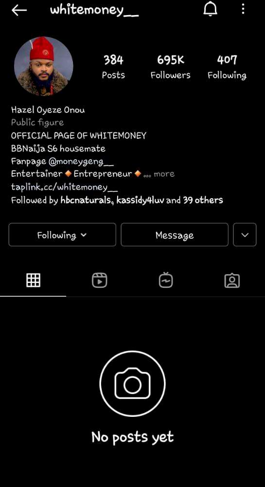 BBNaija: 'They reported the page' - Reactions as WhiteMoney's Instagram page with over 700k followers is taken down