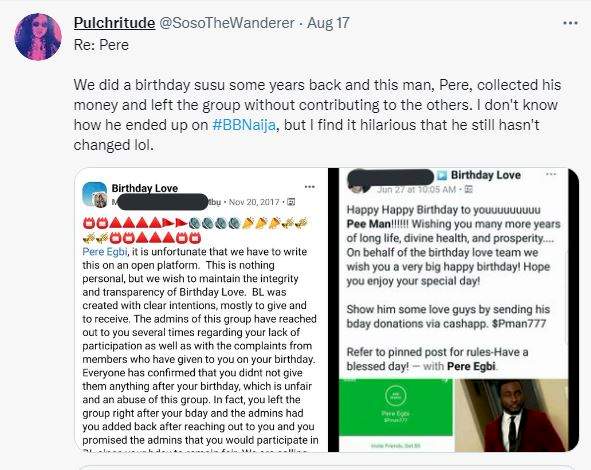 BBNaija: Pere dragged to filth over alleged exit of a birthday susu immediately after his birthday was celebrated in order not to contribute for others