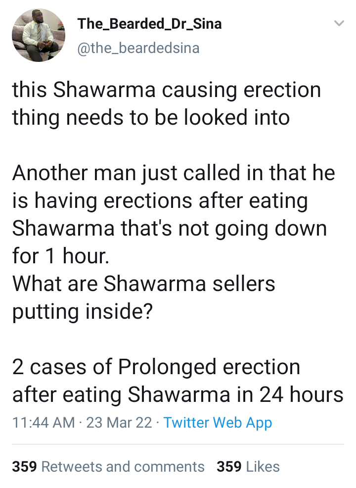 Two men suffer from prolonged erection just after eating shawarma in Ibadan; doctor raises alarm