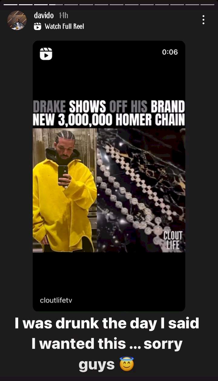 Davido responds as Twitter user reports him to Drake after he said his N1.7bn chain is a dumb investment