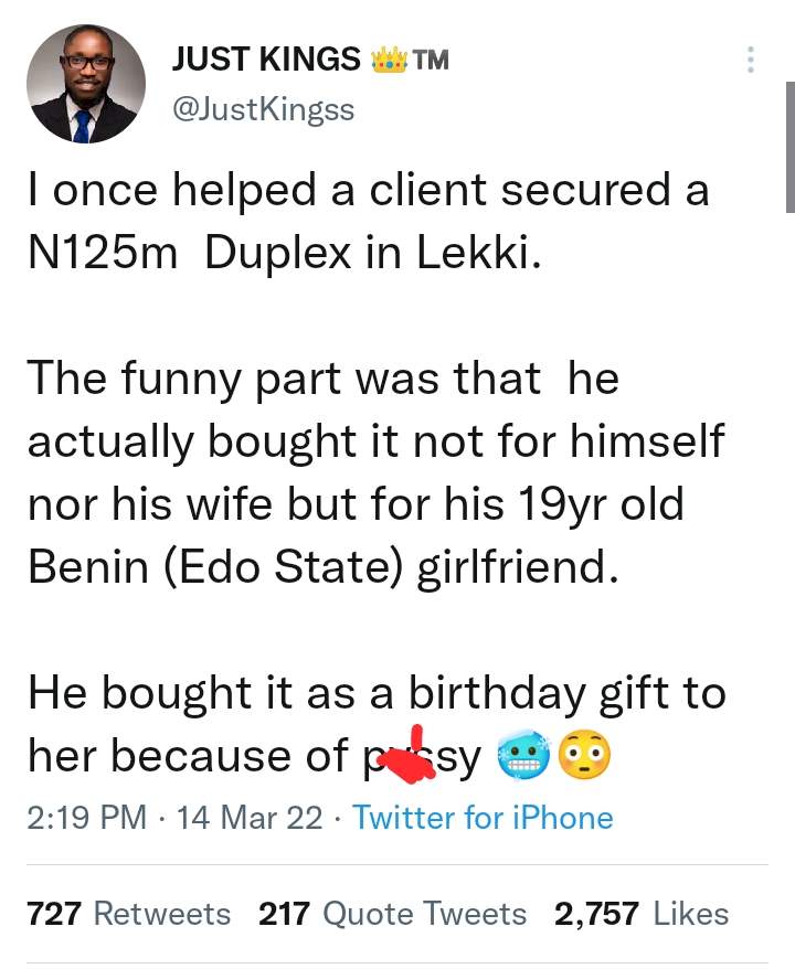 'Fear under 23 girls kings!' - Man says as he recounts how a client bought for 19-year-old Benin girlfriend a N125m duplex in Lekki