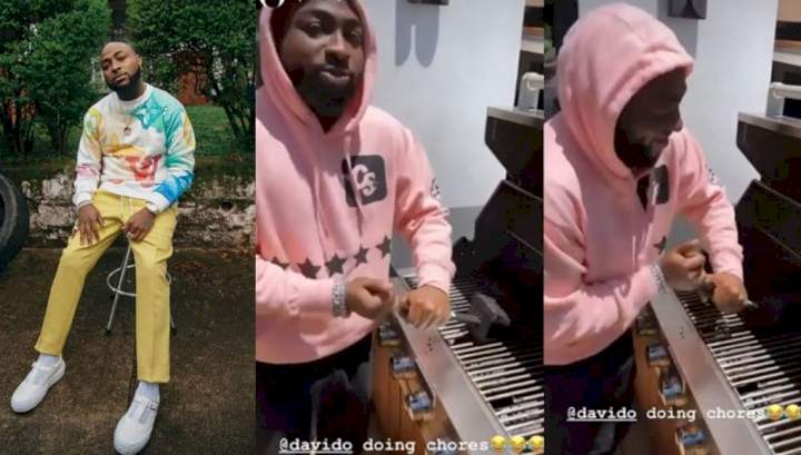 "The chores sef looks rich" - Reactions as Davido is spotted doing some house chores (Video)