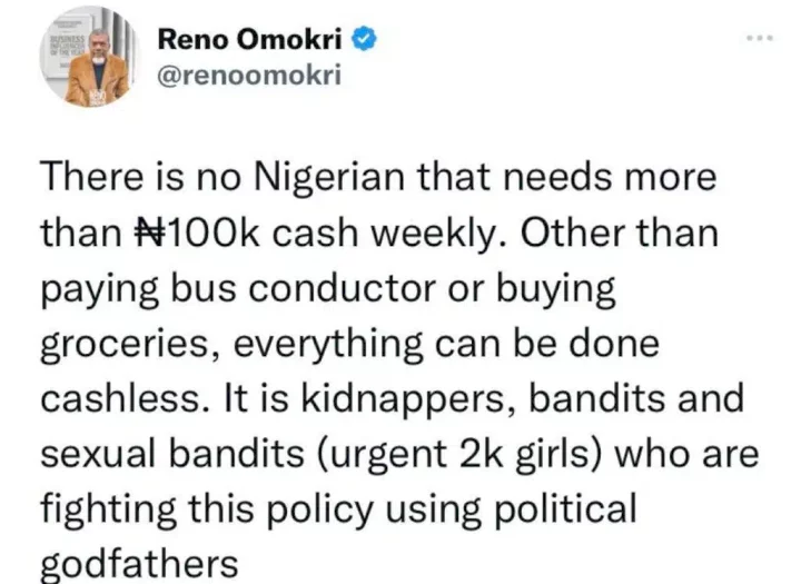 'No Nigerian needs more than 100k weekly' - Reno Omokri declares support for new CBN policy