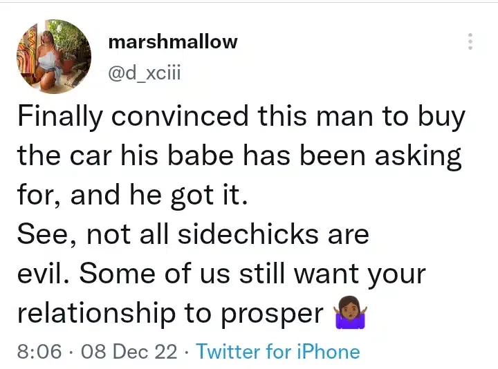 'Not all side chics are evil' - Lady reveals she convinced her lover to buy car for his main girlfriend