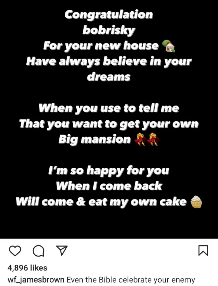 'Celebrate your enemy' - James Brown says as he congratulates Bobrisky on his new house