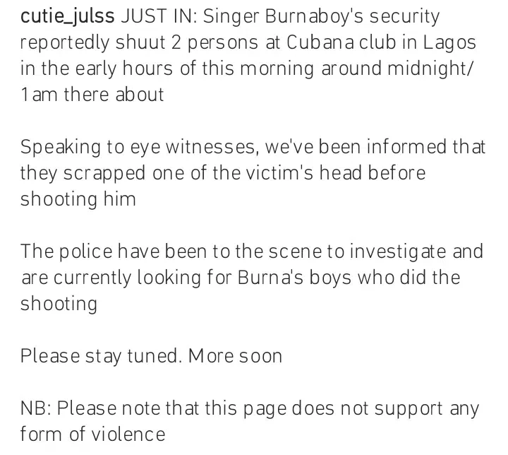 Burna Boy's escorts accused of shooting two persons at Cubana's club in Lagos