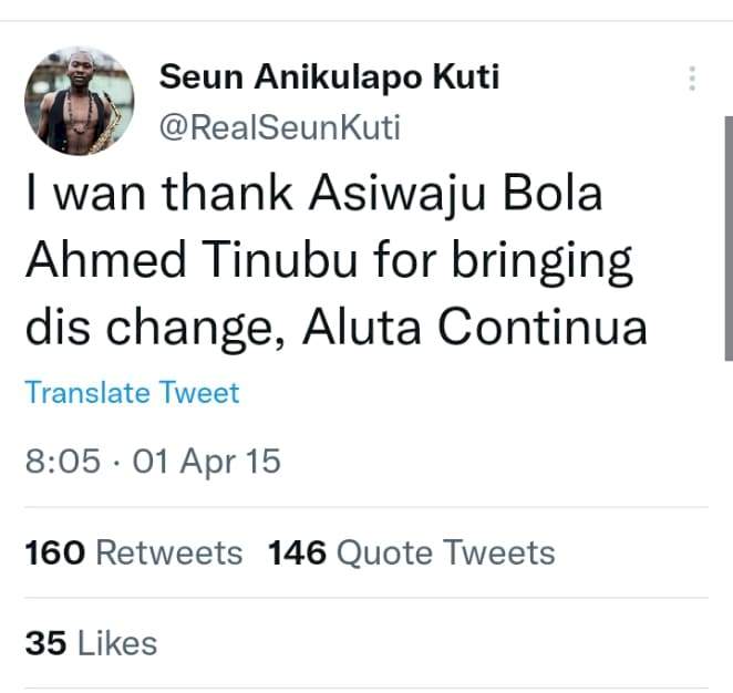 Old tweet of Seun Kuti praising Tinubu for ushering Buhari into power surfaces