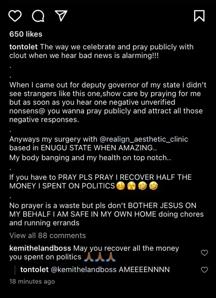 Tonto Dikeh breaks silence amidst rumours of going through BBL complications