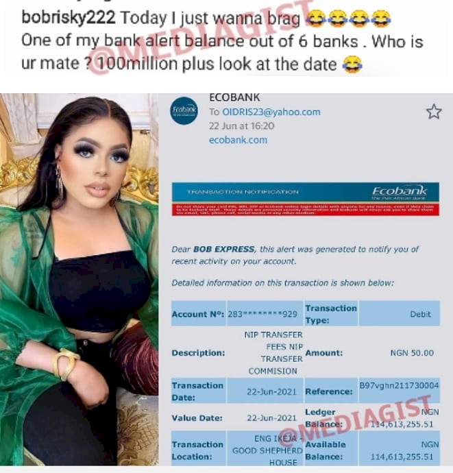 'Who is your mate?' - Bobrisky shows off N114M account balance from one out of his six banks