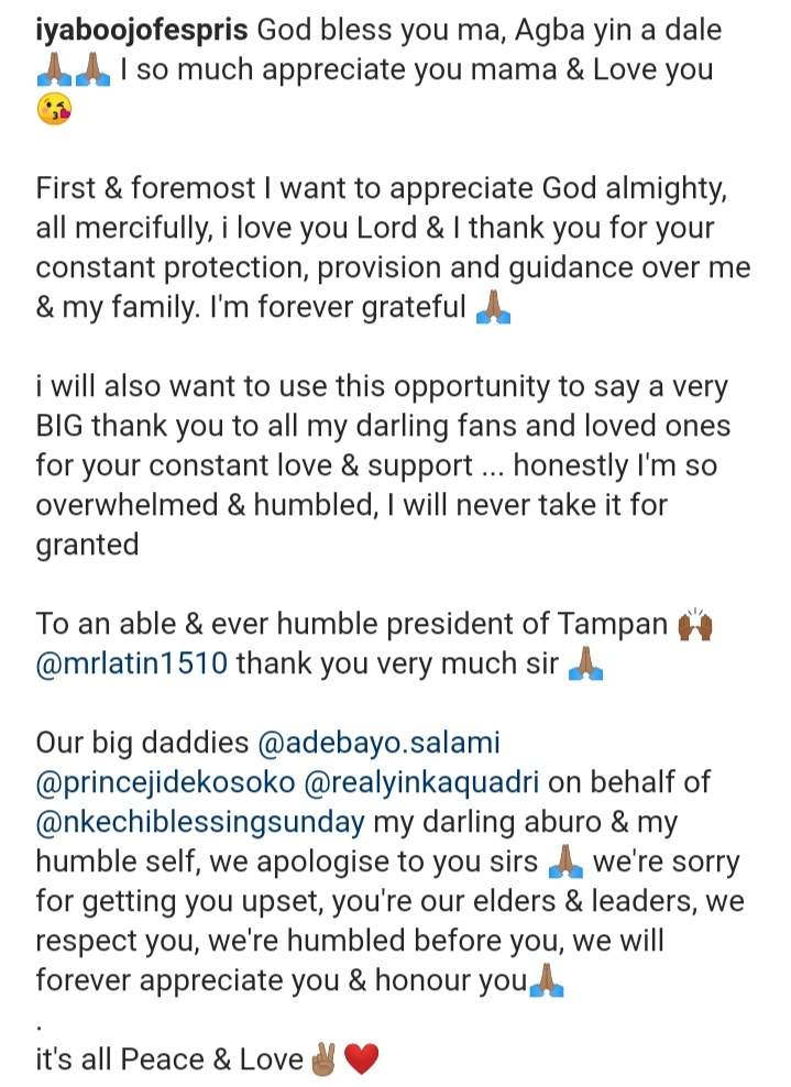 Actress Iyabo Ojo tenders public apology on behalf of herself and Nkechi Blessing to TAMPAN, Jide Kosoko and others