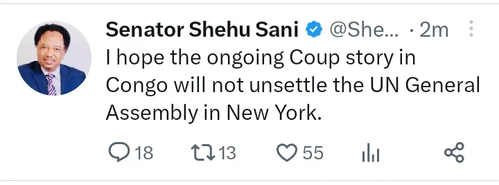 COUP: Shehu Sani Reacts to Report of a Coup in Congo Amidst UN General Assembly In New York
