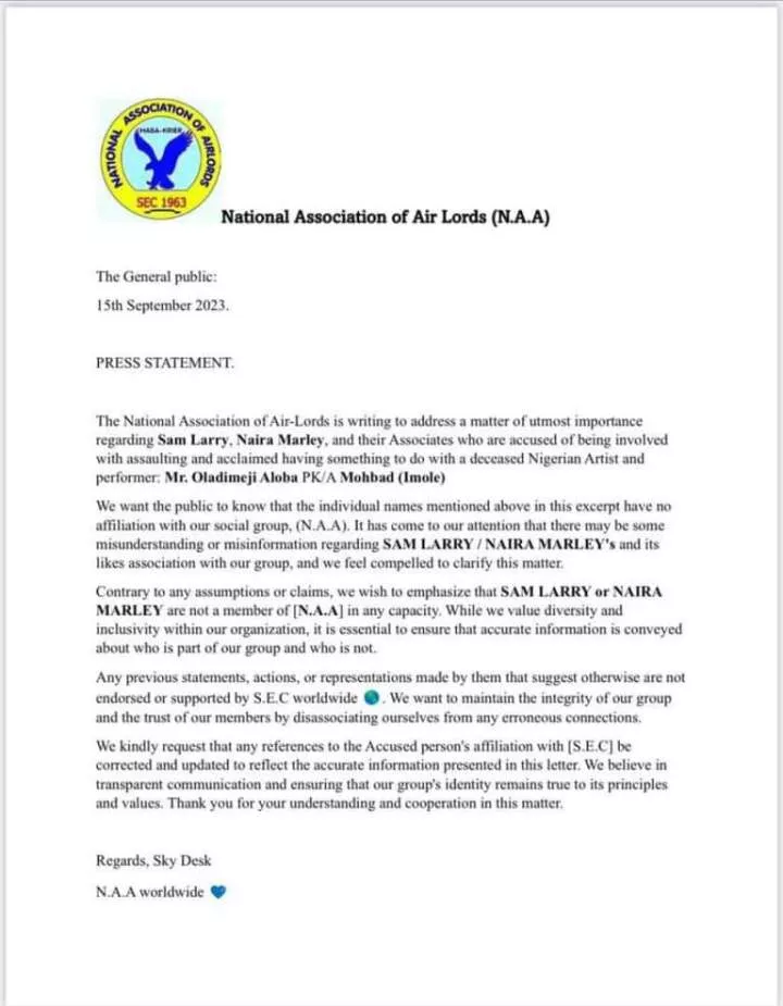 Cultist group, National Association of Airlords release press statement disassociating themselves from Naira Marley and Sam Larry