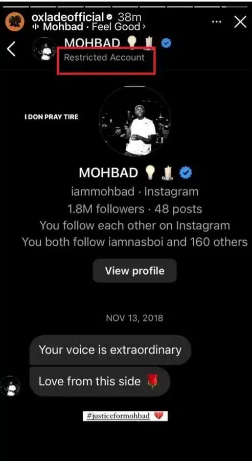 Outrage as Oxlade shares chat showing restriction on Mohbad's account