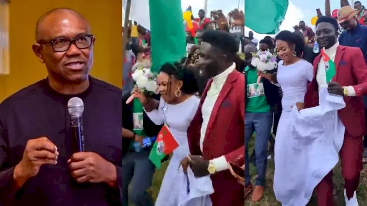 Peter Obi reacts as newlywed couple storm Labor Party rally in Abuja right after their wedding (video)