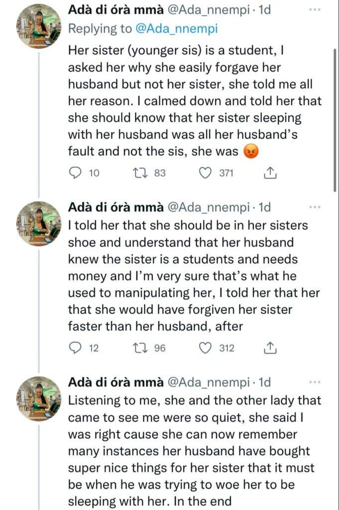 Lady forgives her husband but disowns her sister after she caught both of them having coitus