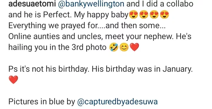 'We did a collabo and it was perfect' - Fans gush as Banky W and wife, Adesua reveal son's face (Photos)