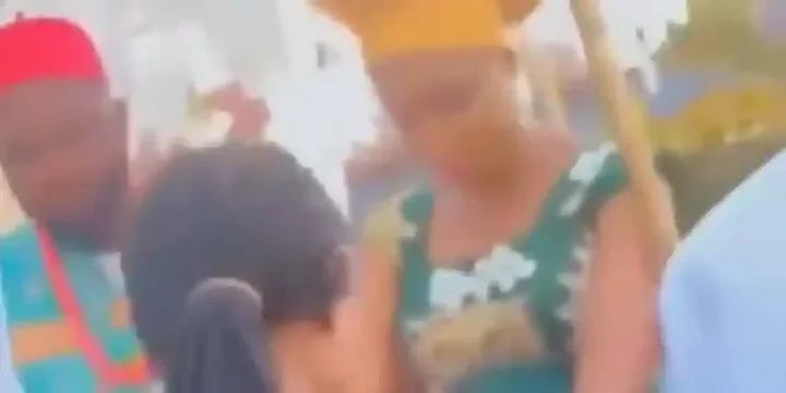Watch scary moment lady caused heavily pregnant bride to fall flat on her wedding