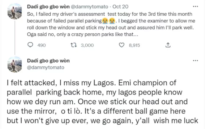 Abroad-based Nigerian man shares nostalgia for Lagos after failing driver's assessment test for the third time in a month