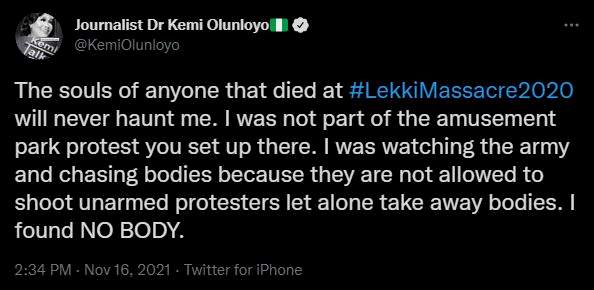 'The souls of anyone that died at #LekkiMassacre2020 will never haunt me' - Kemi Olunloyo says, insists she found no dead body