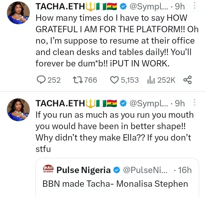 'If you run as much as you run your mouth, you would've been in better shape' - Tacha lampoons Monalisa Stephen