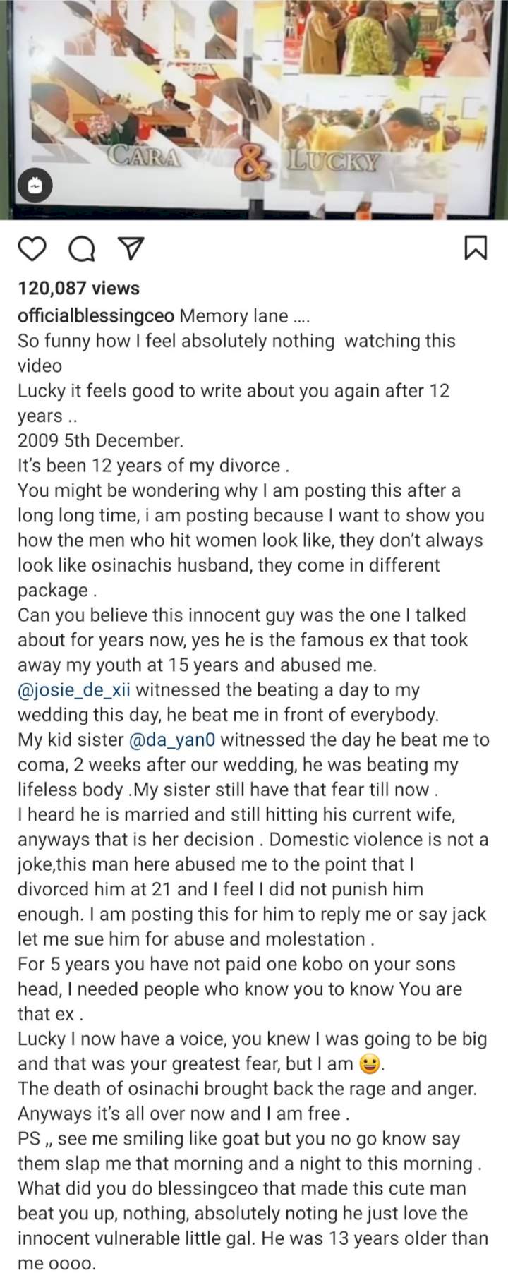 Blessing Okoro shares video from her wedding as she accuses ex-husband of abusing her before and after their wedding; her sisters respond