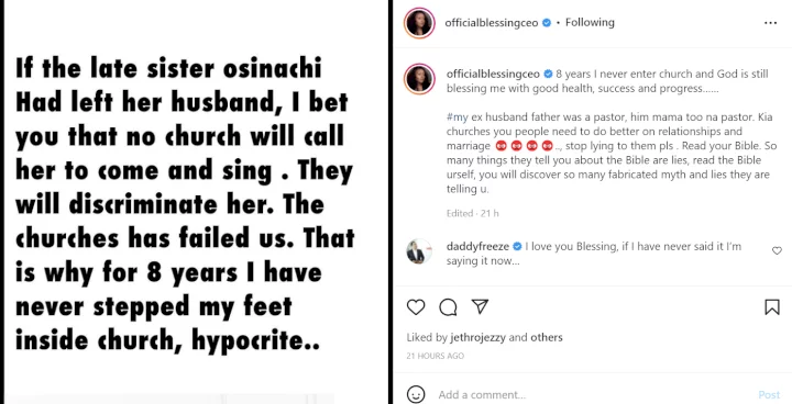 Osinachi's death: I've not been to a church for 8 years and God is still blessing me with good health, success and progress - Relationship expert, Blessing Okoro
