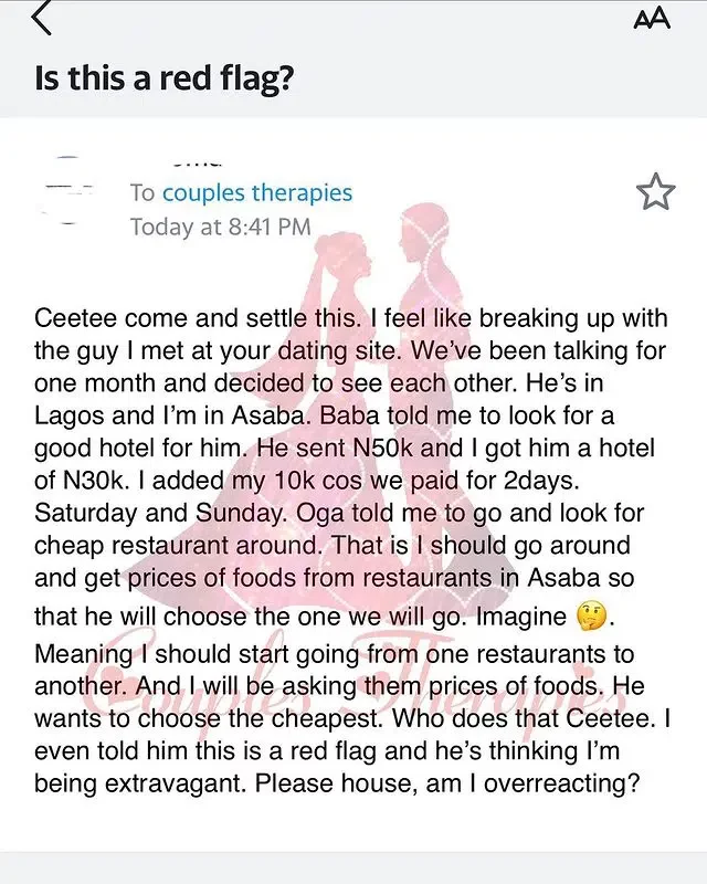 Lady makes move to end relationship as prospective boyfriend tasks her to hunt for the cheapest restaurant in town