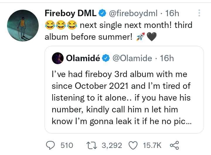 Fireboy replies Olamide after he threatened to leak his third studio album