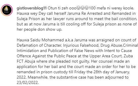 'Prison president' - Jaruma mocked following alleged re-arrest and remand in Suleja prison