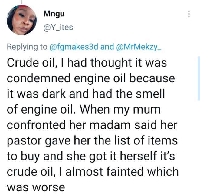 Lady narrates how her baby died after her mother-in-law gave her crude oil to drink