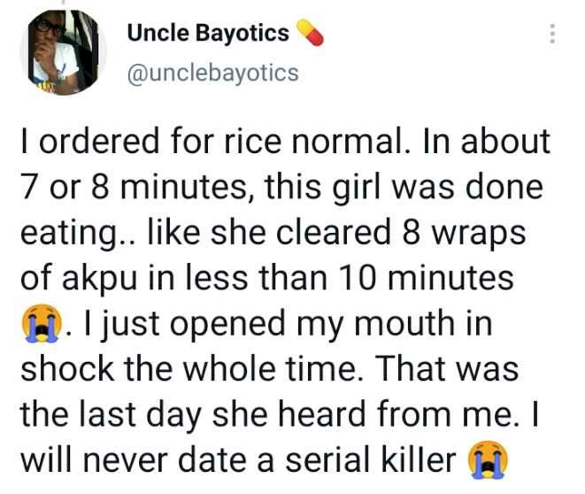 Man forced to end relationship with lady after watching her eat 8 wraps of fufu on first date