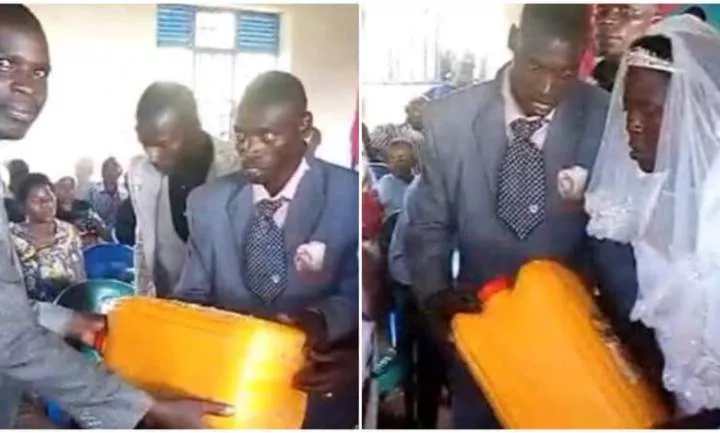 Wedding guest causes a stir by openly gifting couple an empty jerry can on their wedding day (Video)