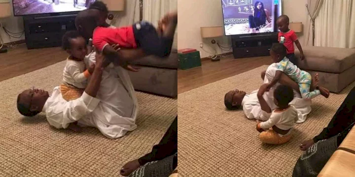 Moment Gov. El-Rufai goes acrobatic with grandchildren in parlour play (Photos)